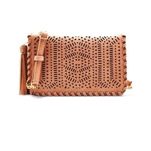 Madison West Unique Tan Laser-cut Flap Clutch Crossbody Bag with Tassel